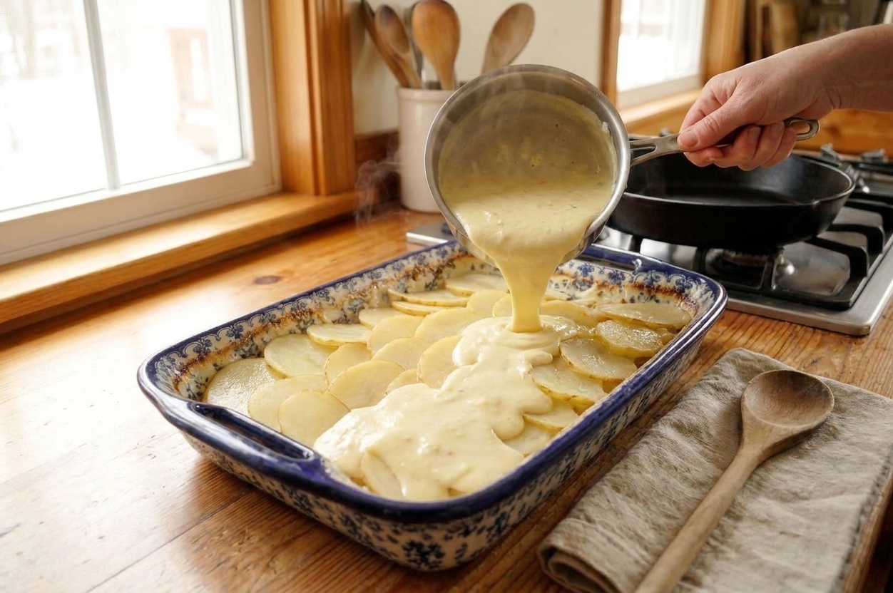 A saucepan of creamy sauce being poured over layered potatoes in a casserole dish before baking