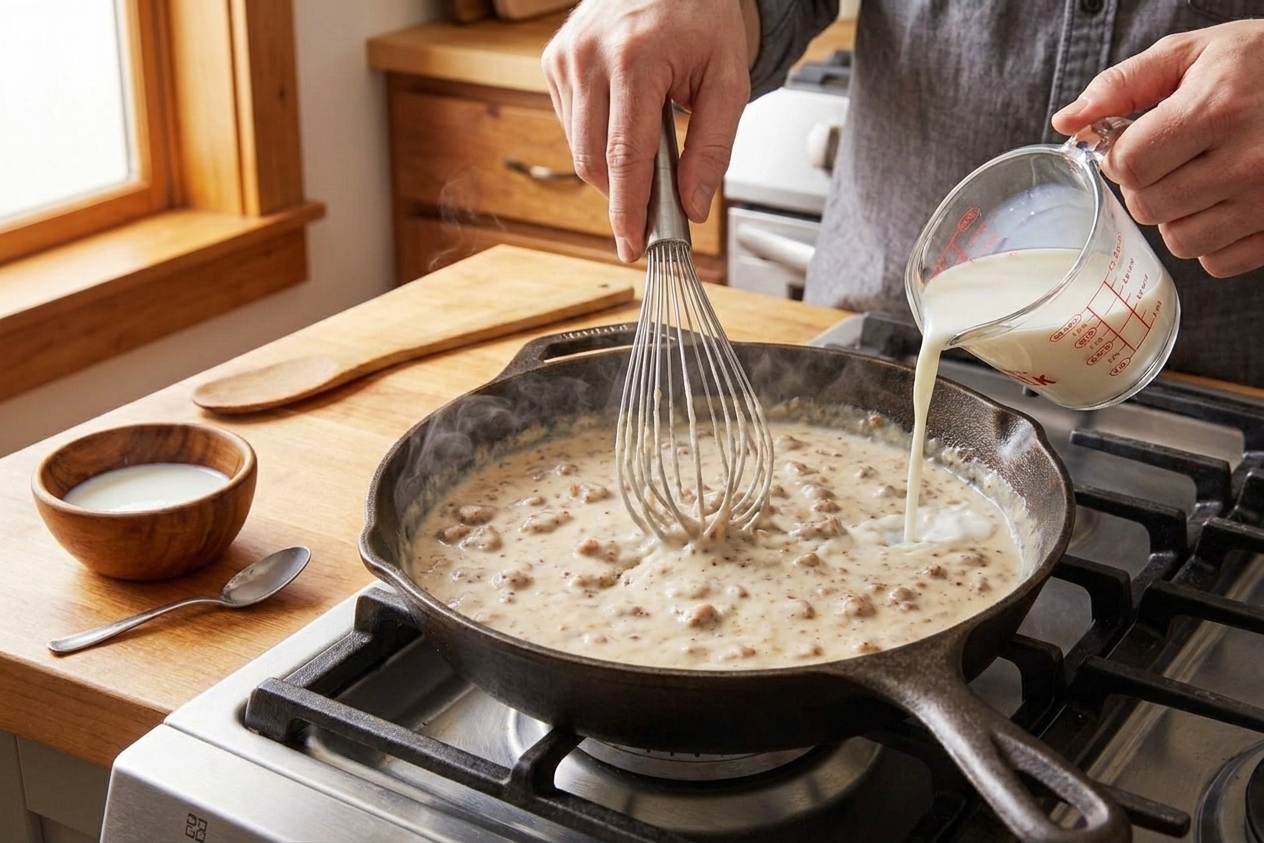 A saucepan of creamy sausage gravy being whisked on a stovetop, with a small splash of milk nearby for thinning