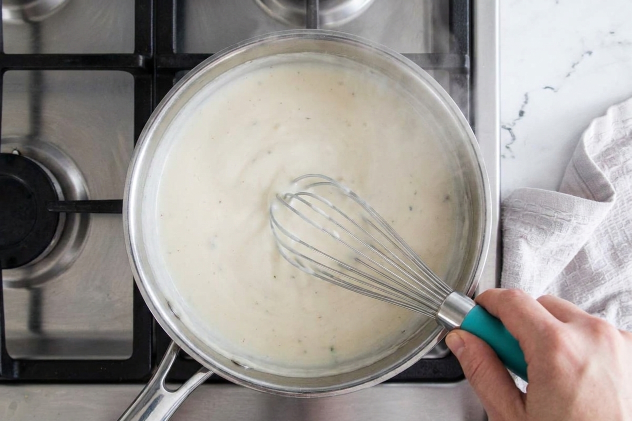 A saucepan of creamy white sauce being whisked on a stovetop with steam rising
