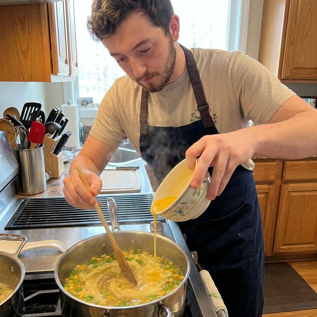 A saucepan of egg drop soup with visible egg ribbons forming as beaten eggs are poured in a thin stream, wooden spoon creating a gentle swirl, real food photography
