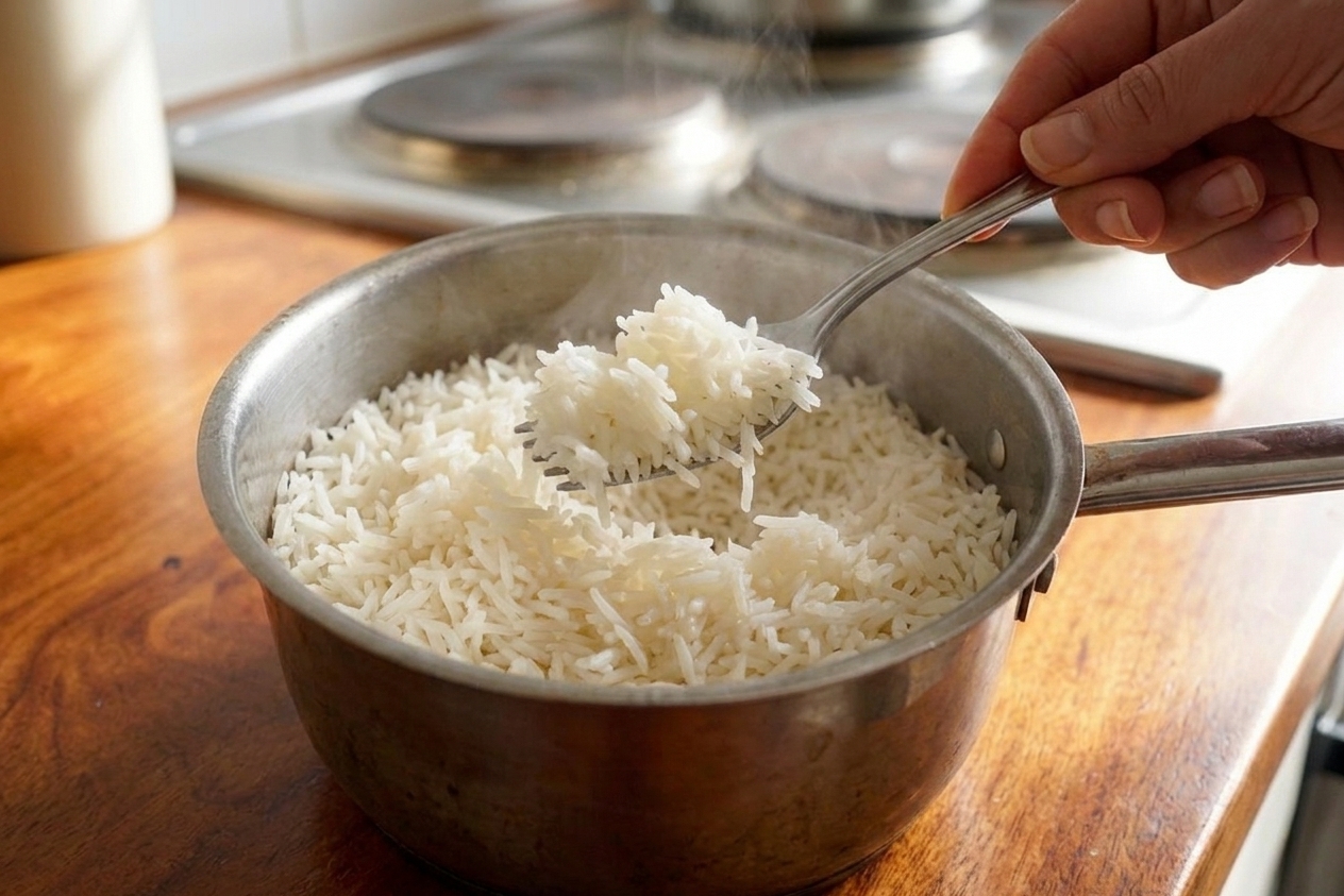 A saucepan of fluffy long-grain white rice being fluffed with a fork on a kitchen counter