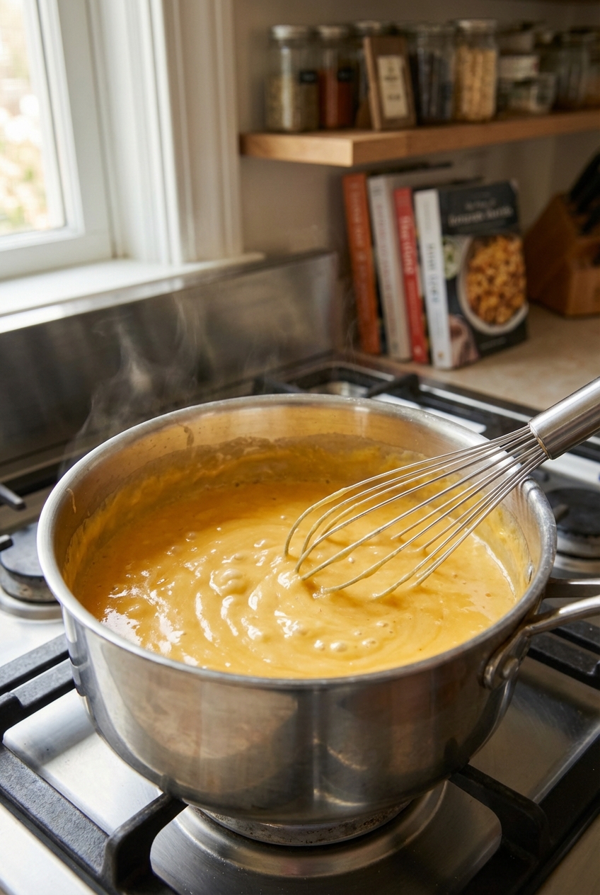 A saucepan of glossy cheese sauce being whisked on a stovetop