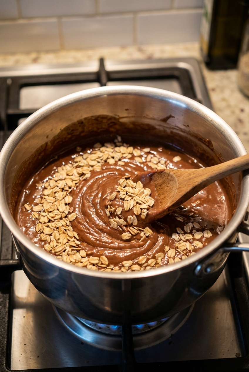 A saucepan of glossy chocolate peanut butter mixture with oats being stirred in with a wooden spoon on a stovetop