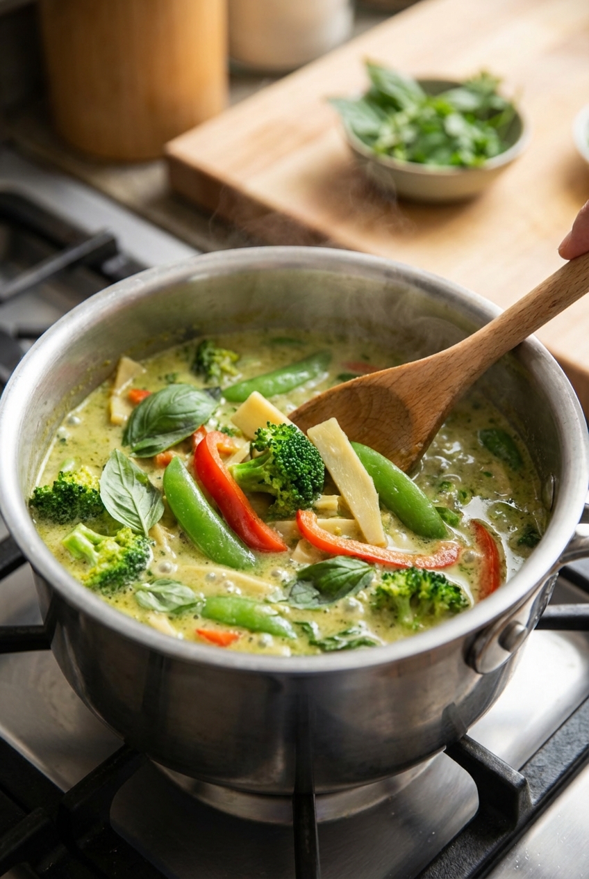 A saucepan of green curry simmering with coconut milk and vegetables, with a wooden spoon stirring