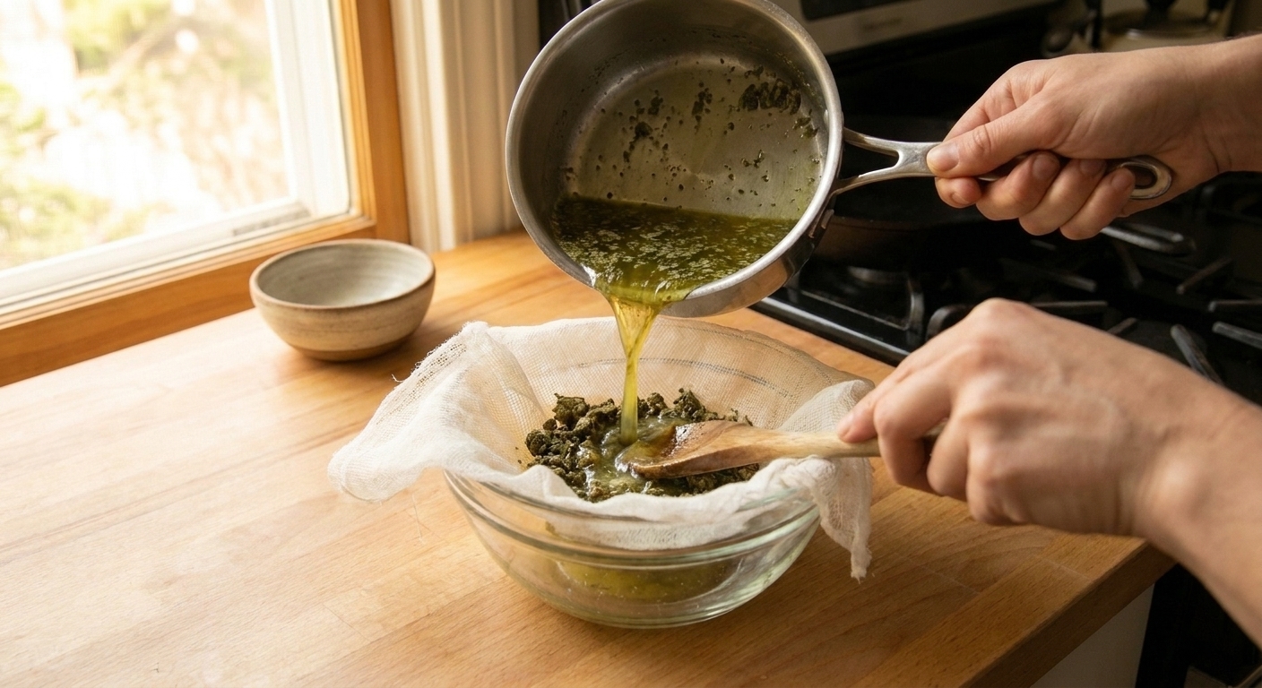 A saucepan of infused butter being poured through cheesecloth into a glass bowl on a kitchen counter