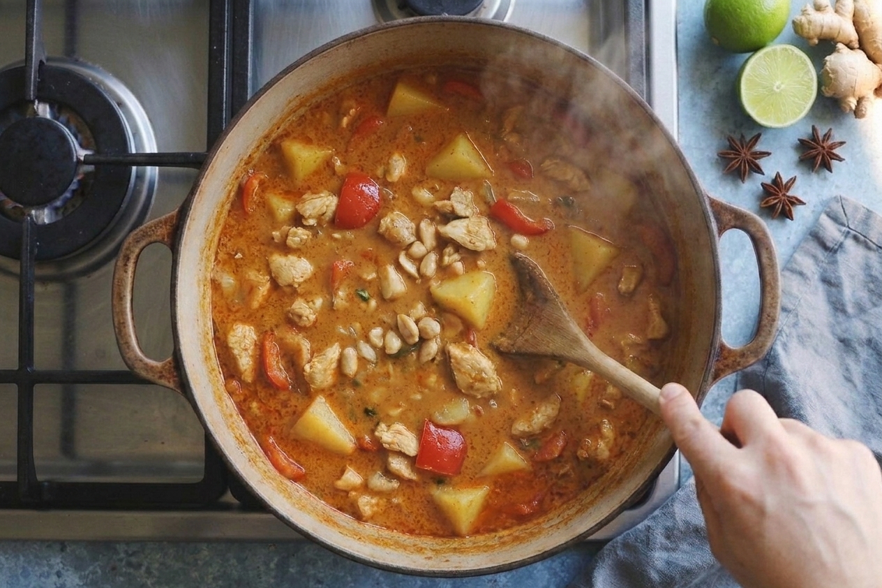 A saucepan of massaman curry being reheated on the stovetop while being stirred with a wooden spoon, steam rising