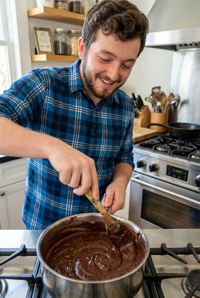 A saucepan of melted chocolate fudge mixture being stirred with a wooden spoon on a stovetop
