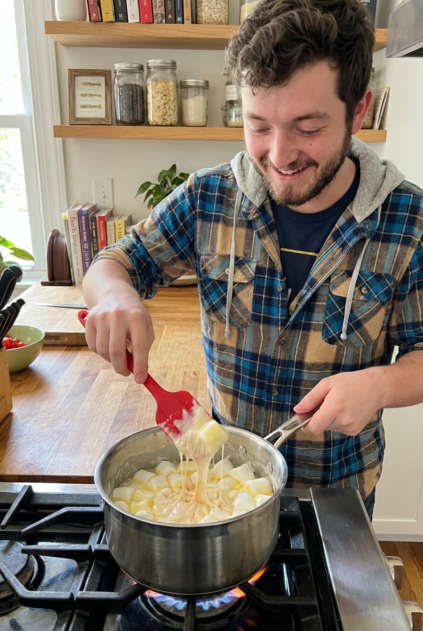 A saucepan of melted marshmallows and butter being stirred with a silicone spatula on a stovetop