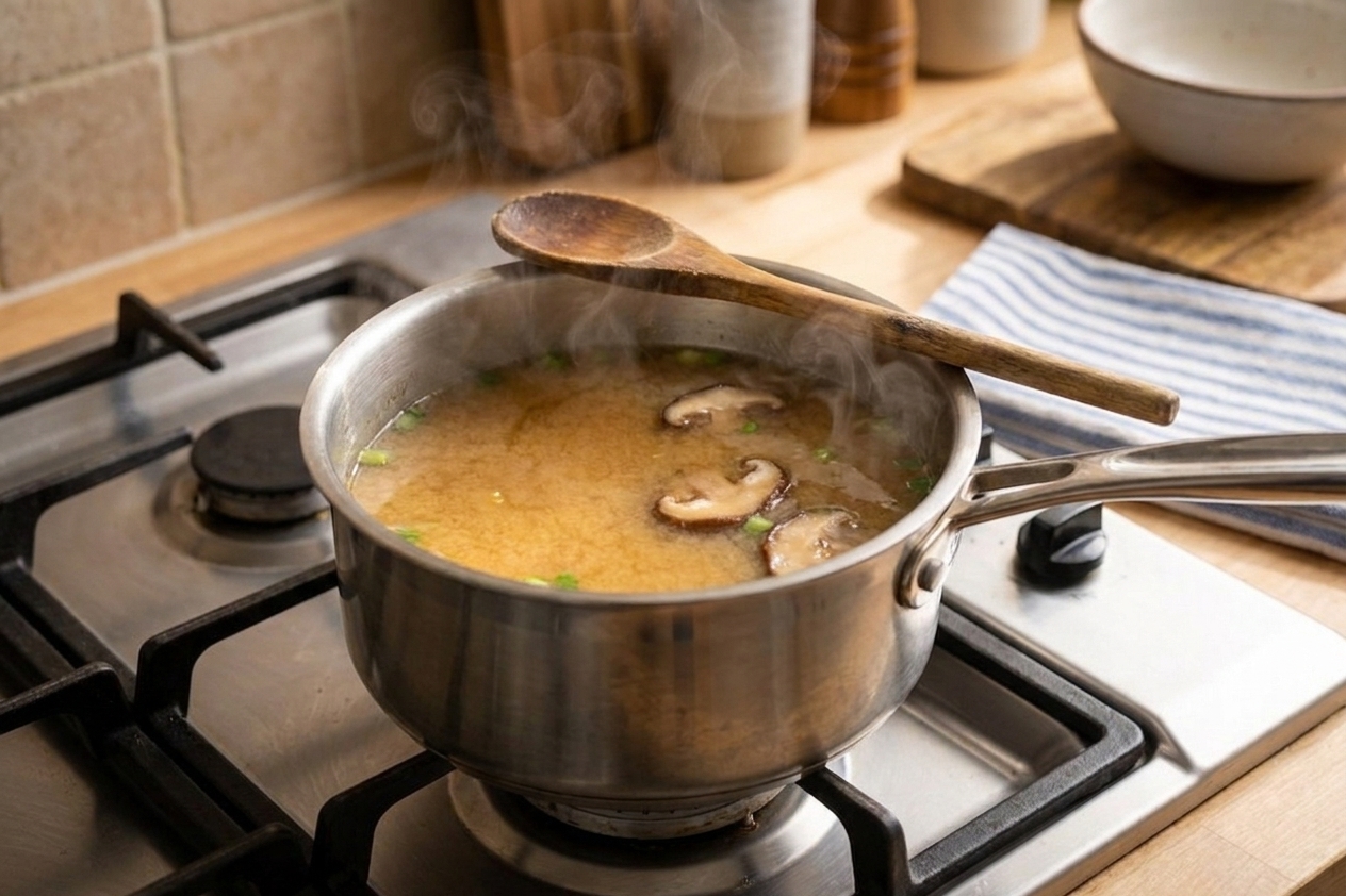 A saucepan of miso ramen broth heating on a stovetop with a wooden spoon resting on the rim in warm kitchen lighting