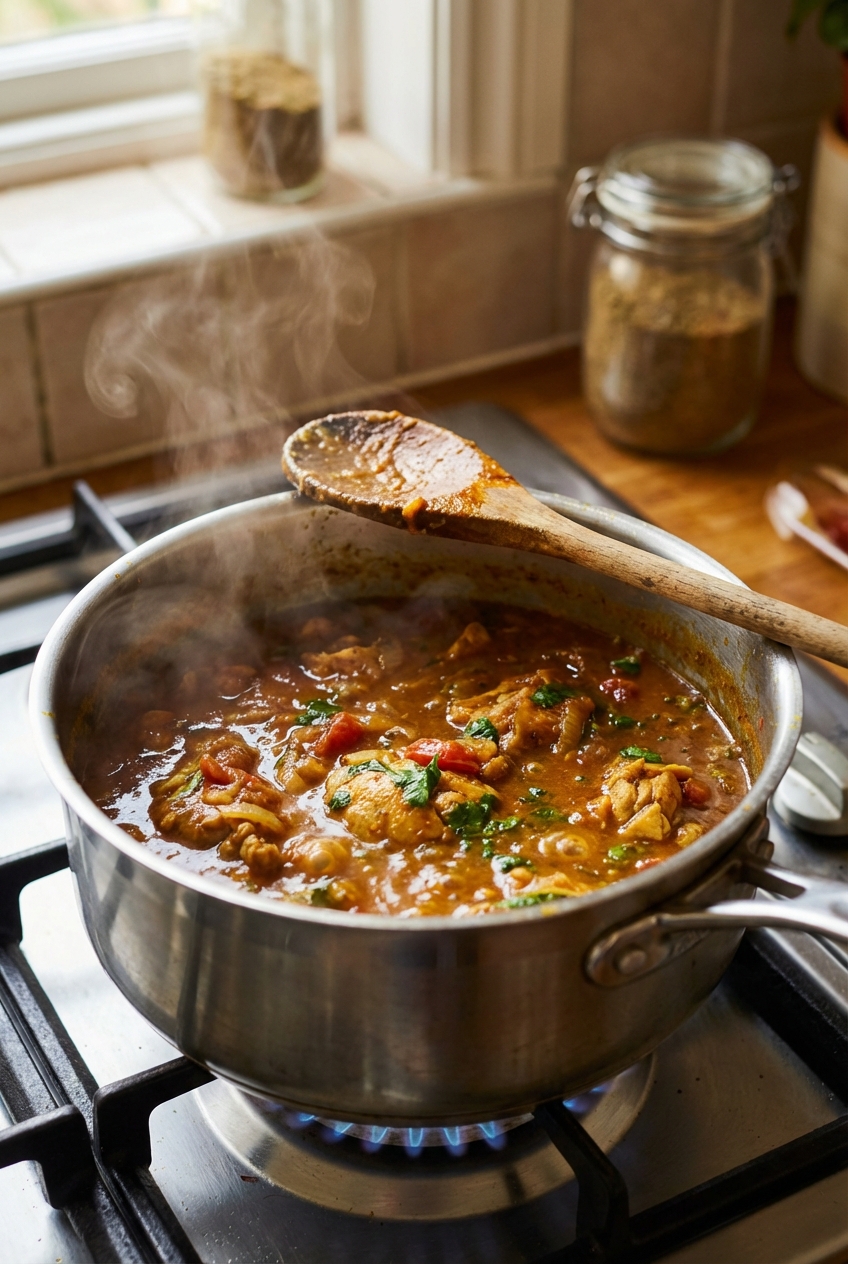 A saucepan of murgh curry simmering on the stove with a wooden spoon resting on the rim