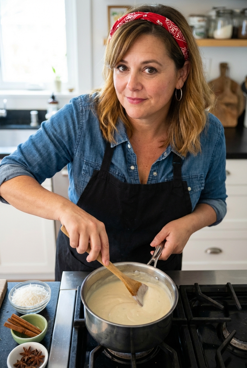 A saucepan of pale coconut custard being whisked on a stovetop with a wooden spoon and bowls of coconut and spices nearby