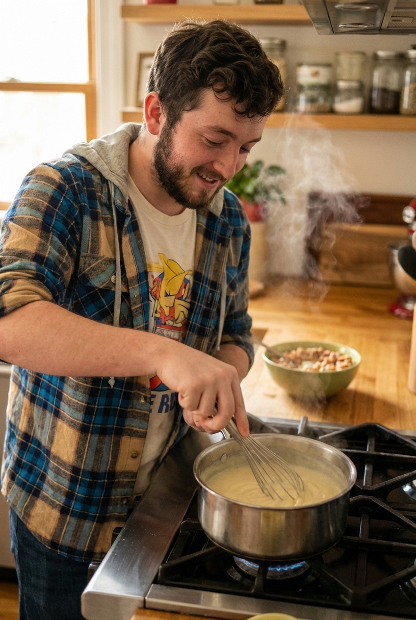 A saucepan of pale vanilla pudding being whisked on the stove with steam rising