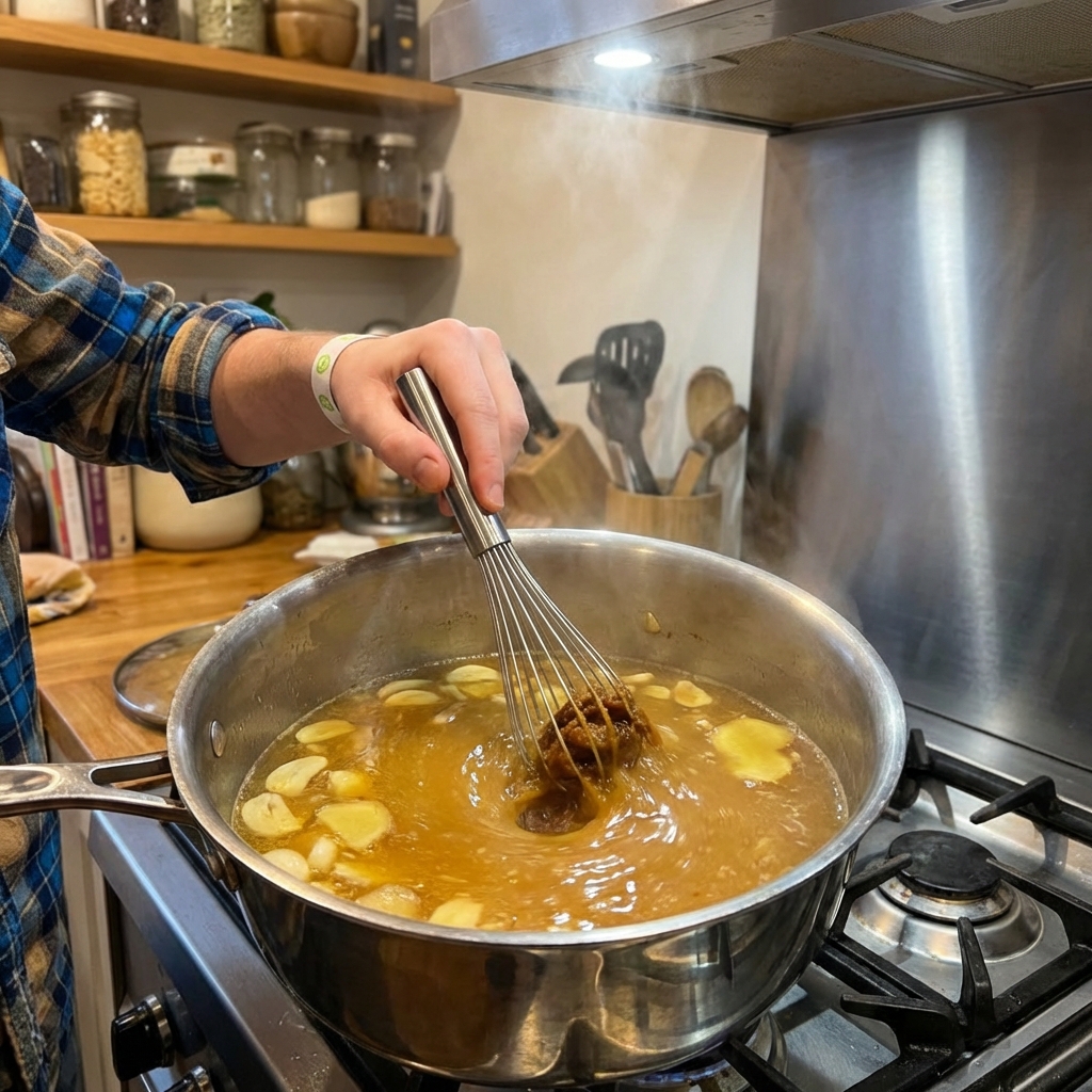 A saucepan of ramen broth simmering with garlic, ginger, and a swirl of miso being whisked in