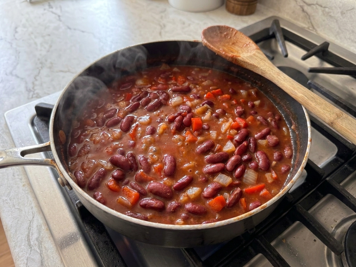 A saucepan of red kidney beans simmering in a thick reddish sauce with visible bits of onion and pepper