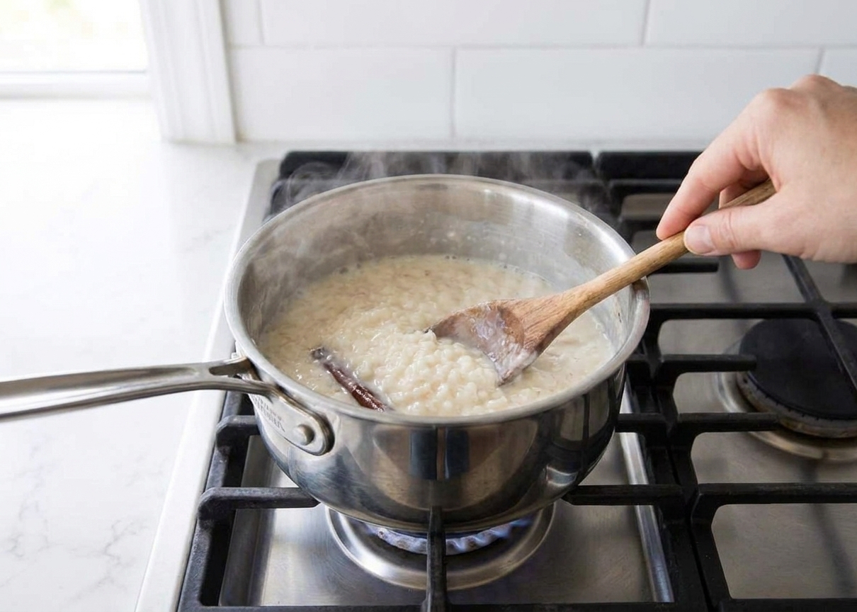 A saucepan of rice pudding gently simmering with a wooden spoon resting inside, steam rising in a home kitchen