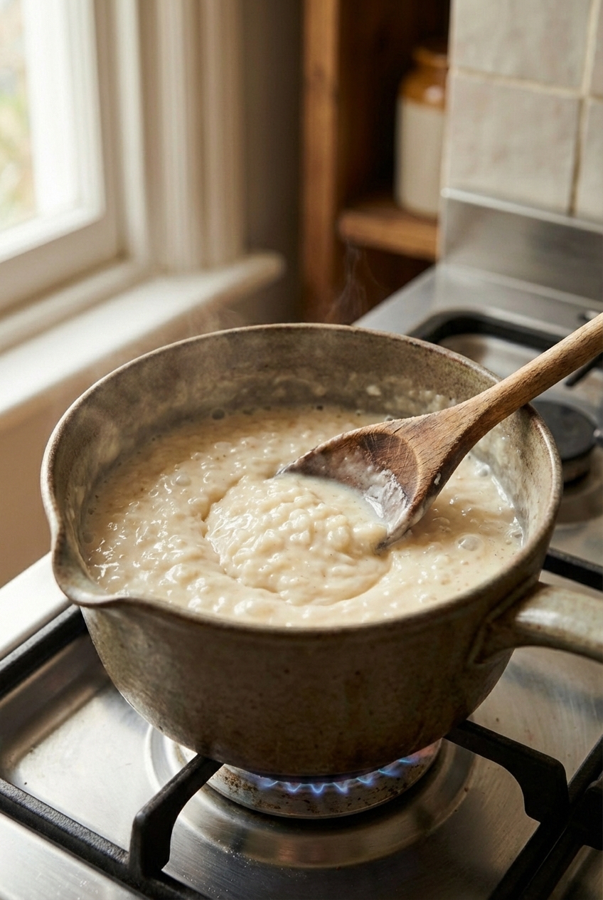 A saucepan of rice pudding simmering on a stovetop with a wooden spoon stirring through a creamy mixture
