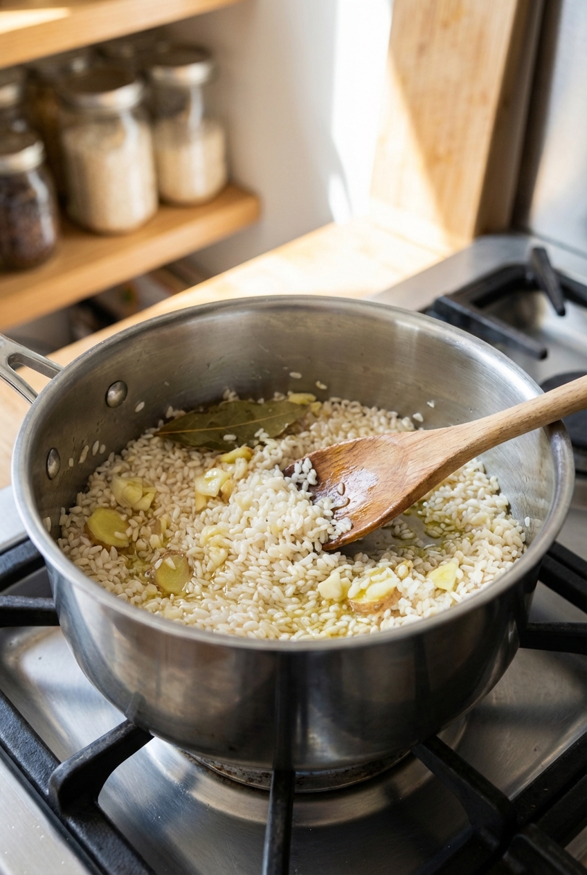 A saucepan of rinsed white rice being stirred with aromatics before simmering