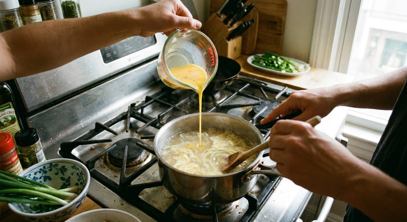 A saucepan of simmering broth on a stovetop while beaten eggs are poured in a thin stream to create egg ribbons, with a spoon stirring in a gentle circle, real kitchen photo