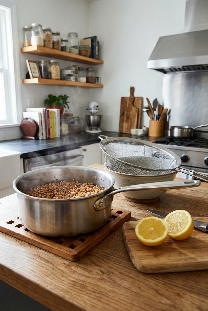 A saucepan of simmering farro with a fine-mesh strainer and lemon halves nearby on a kitchen counter