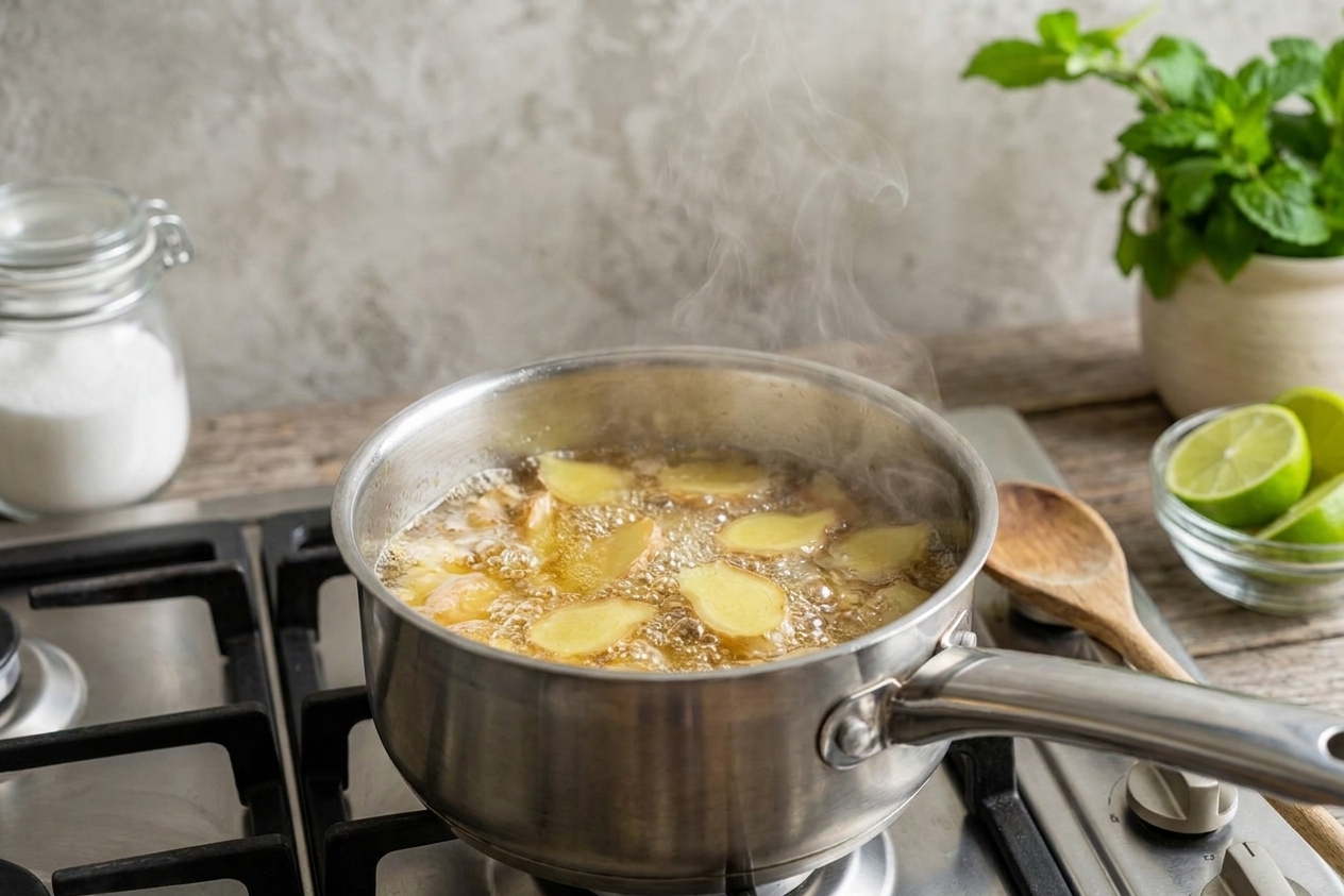 A saucepan of simmering ginger and sugar syrup on a stovetop with steam rising and ginger pieces visible in the liquid