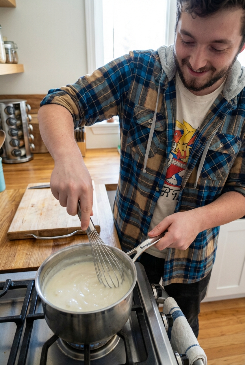 A saucepan of smooth béchamel being whisked on the stovetop