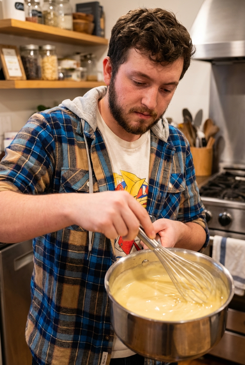 A saucepan of smooth cheese sauce being whisked until glossy