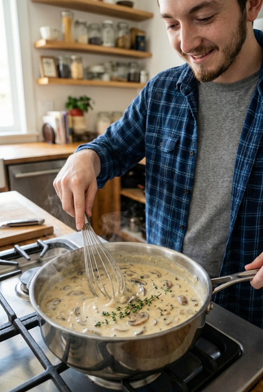A saucepan of smooth cheese sauce being whisked with sautéed mushrooms and thyme