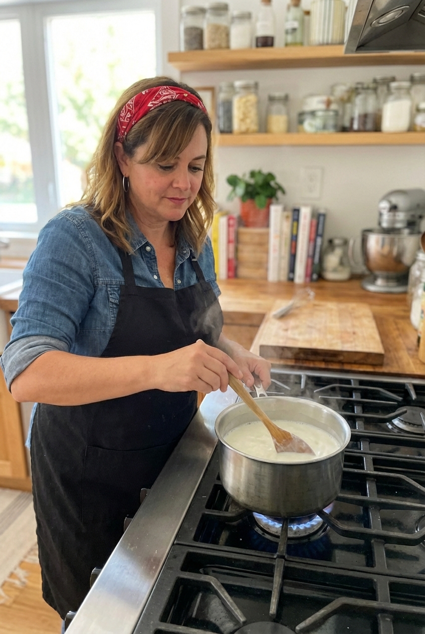 A saucepan of steaming milk being stirred with a wooden spoon on a stovetop