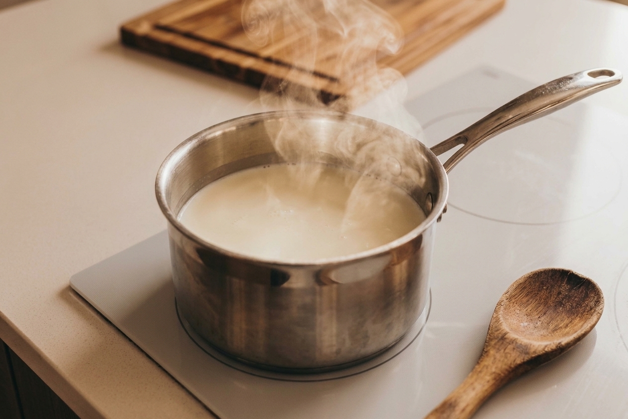 A saucepan of steaming milk warming on a stovetop with a wooden spoon nearby