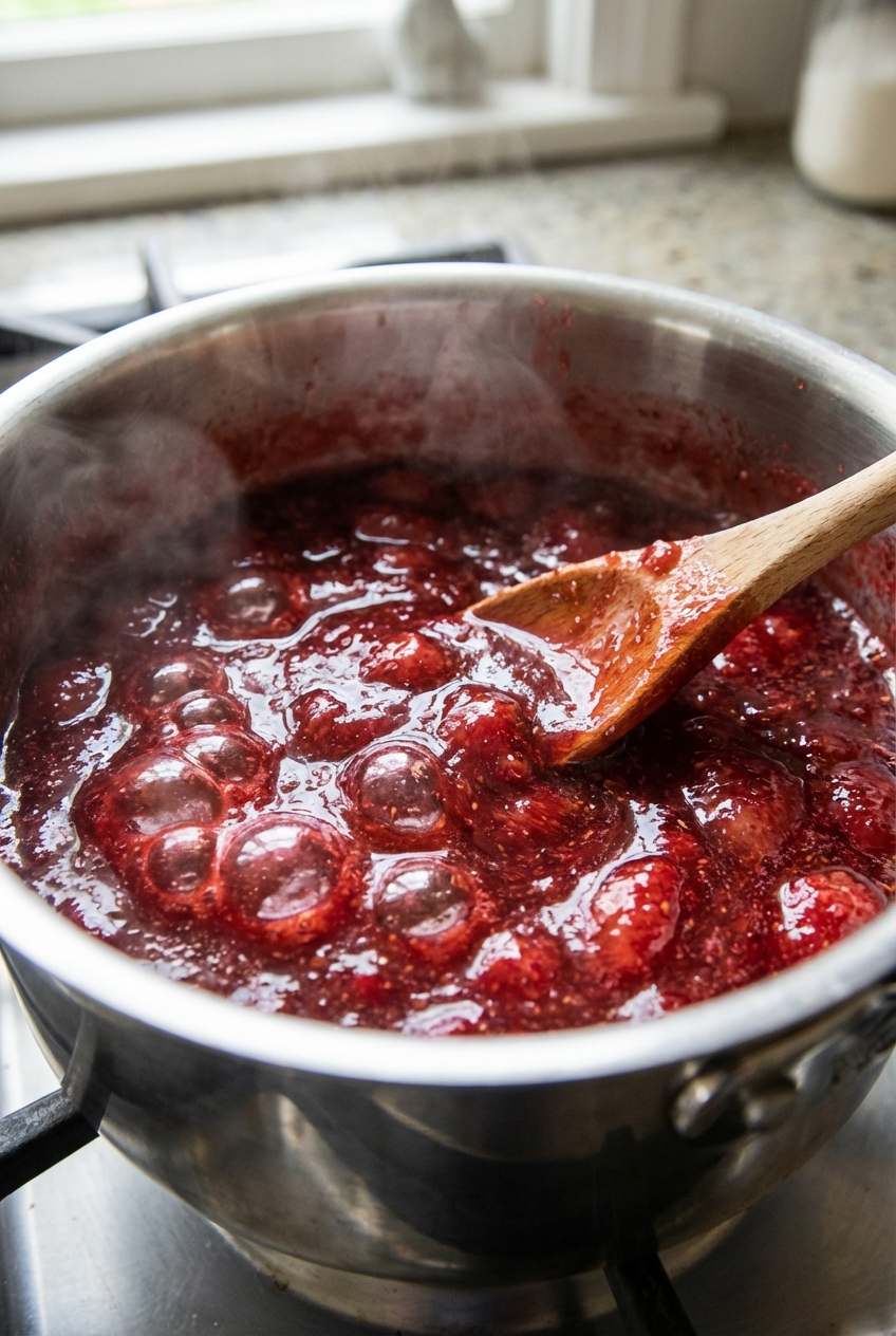 A saucepan of strawberry jam simmering with a spoon stirring, showing thick glossy bubbles