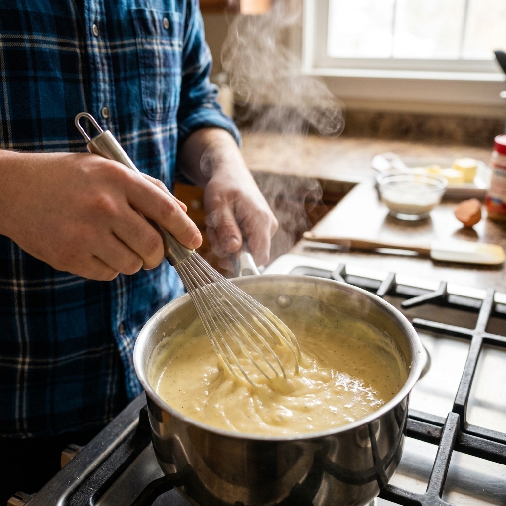 A saucepan of thick vanilla pastry cream being whisked on a stovetop with a steady stream of steam rising, close-up food photography
