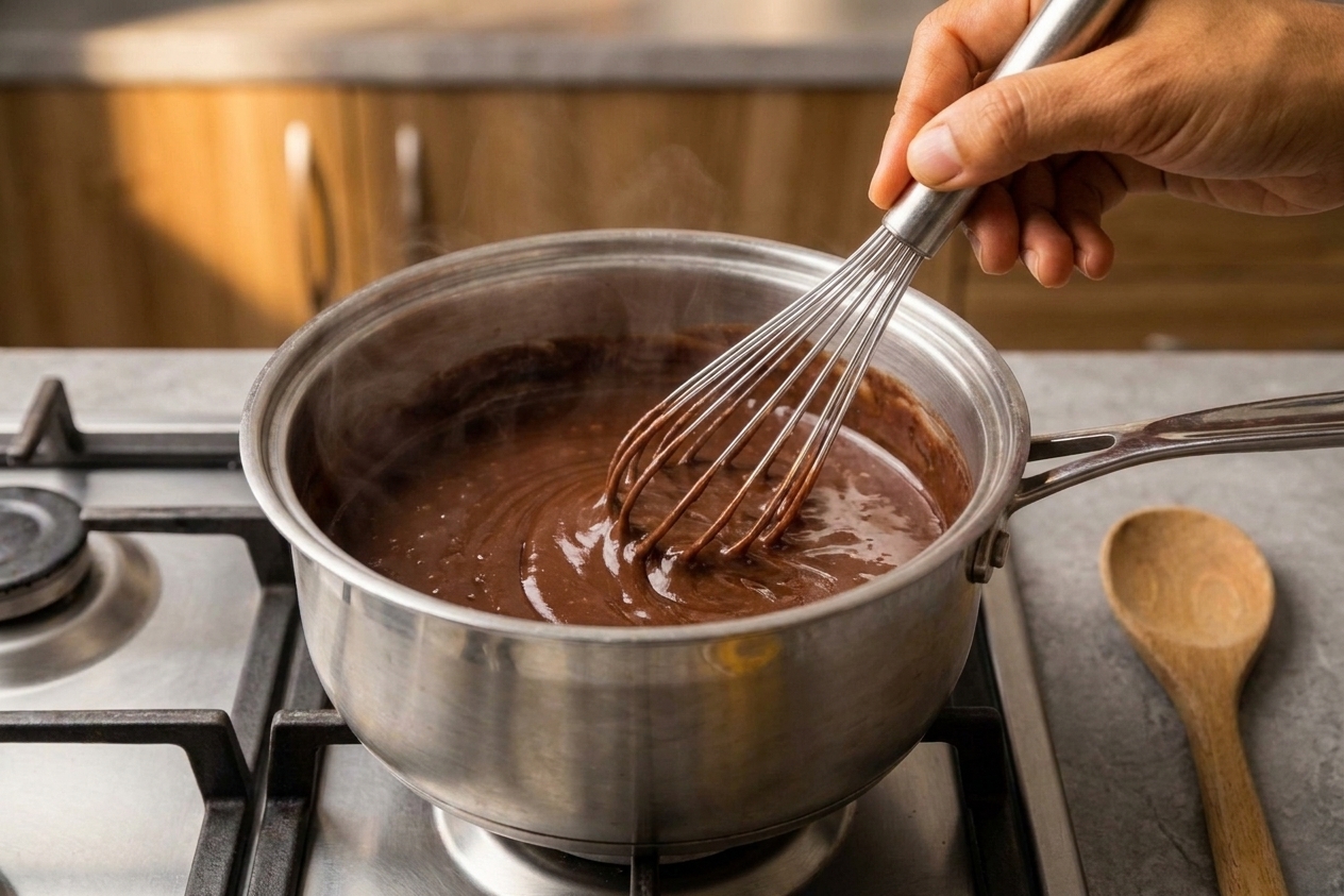A saucepan of thickening chocolate coco pudding being whisked on the stovetop as it turns glossy and thick.