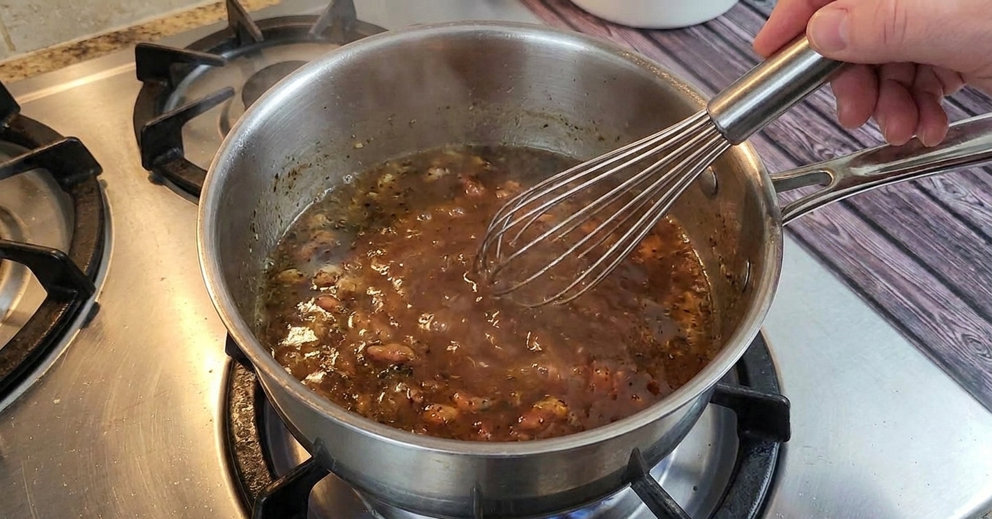 A saucepan of turkey drippings on the stove with a whisk stirring as the gravy thickens