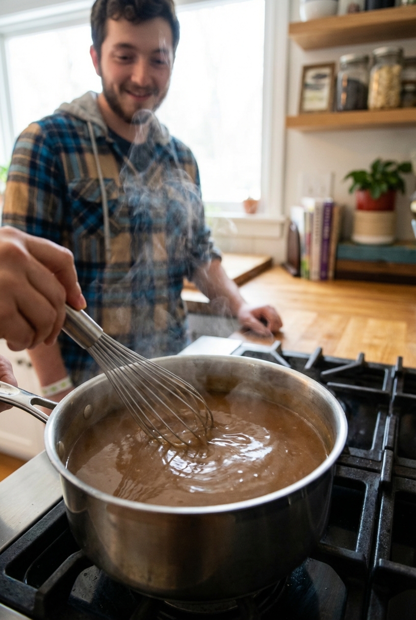 A saucepan of turkey gravy being whisked on a stovetop with steam rising