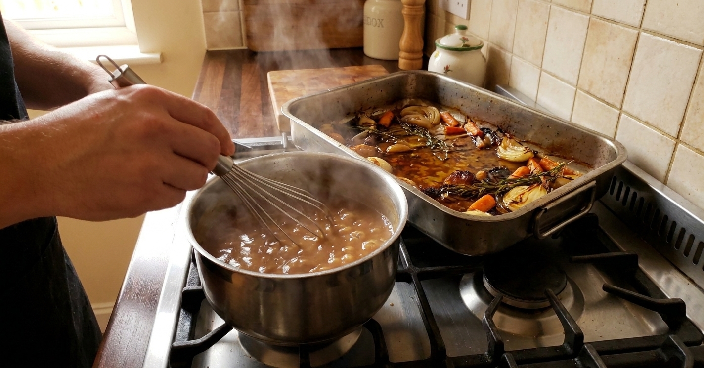 A saucepan of turkey gravy being whisked on a stovetop next to a roasting pan with drippings