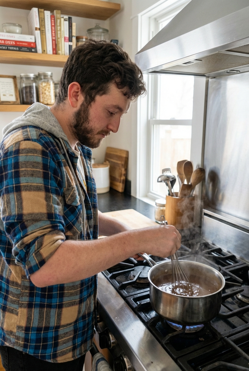 A saucepan of turkey gravy being whisked until smooth on a stovetop