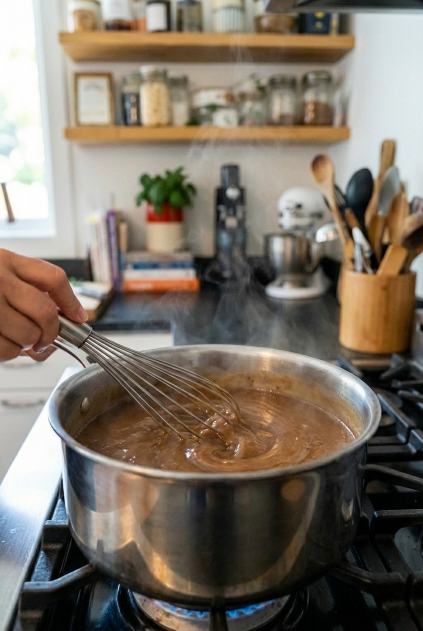 A saucepan of turkey gravy being whisked until smooth on a stovetop