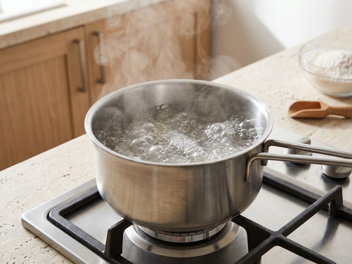 A saucepan of vigorously boiling water on the stove ready for cooking sago