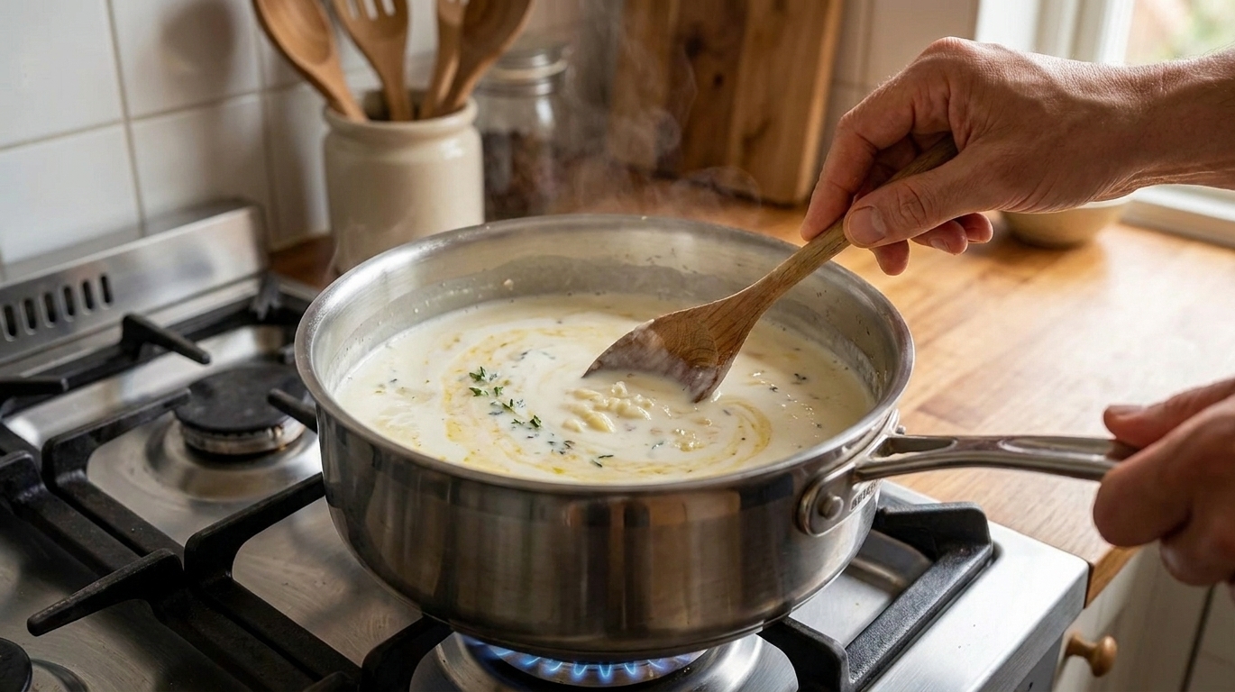 A saucepan of warm cream and milk with visible flecks of garlic being stirred with a wooden spoon on a home stove