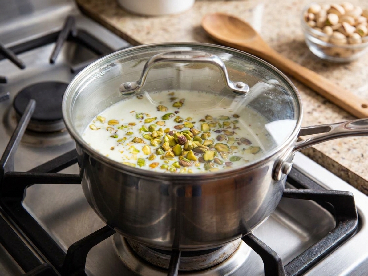 A saucepan of warm milk and cream with pistachios steeping under a lid on a home stove