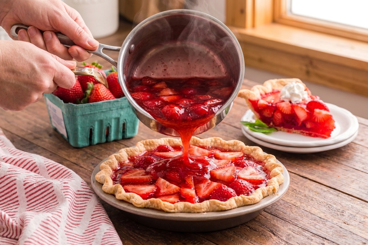 A saucepan of warm red strawberry glaze being poured over fresh strawberries in a baked pie crust on a kitchen counter