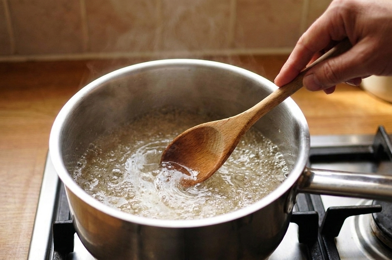 A saucepan on a stove with a vinegar and sugar mixture gently bubbling while being stirred with a wooden spoon