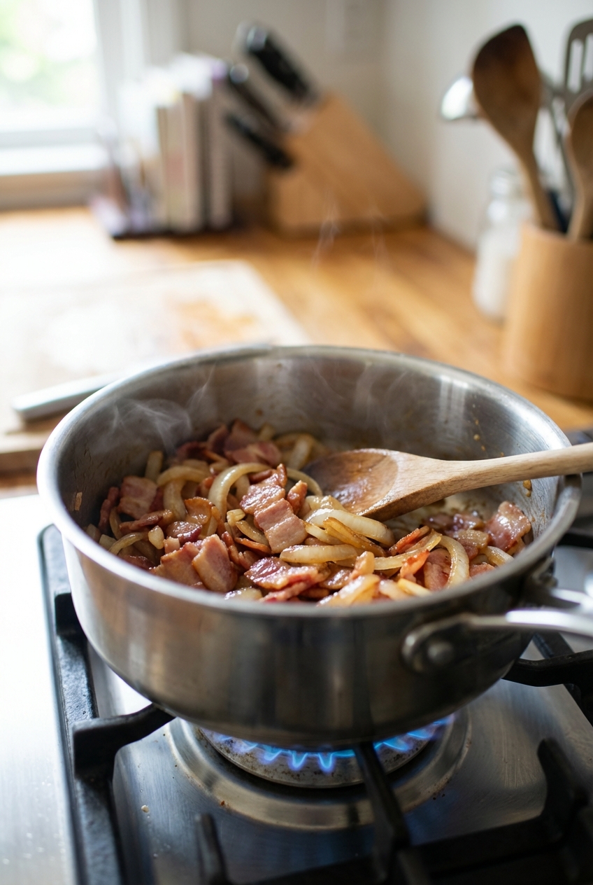 A saucepan on a stove with bacon and sautéed onions cooking until glossy and golden