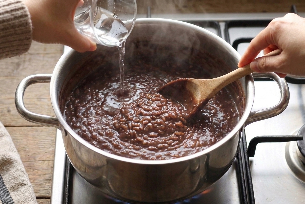 A saucepan on a stove with champorado being reheated while a hand stirs in a splash of water to loosen the thick porridge