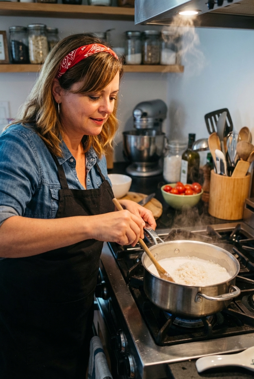 A saucepan on a stove with coconut milk and rinsed rice being stirred with a wooden spoon