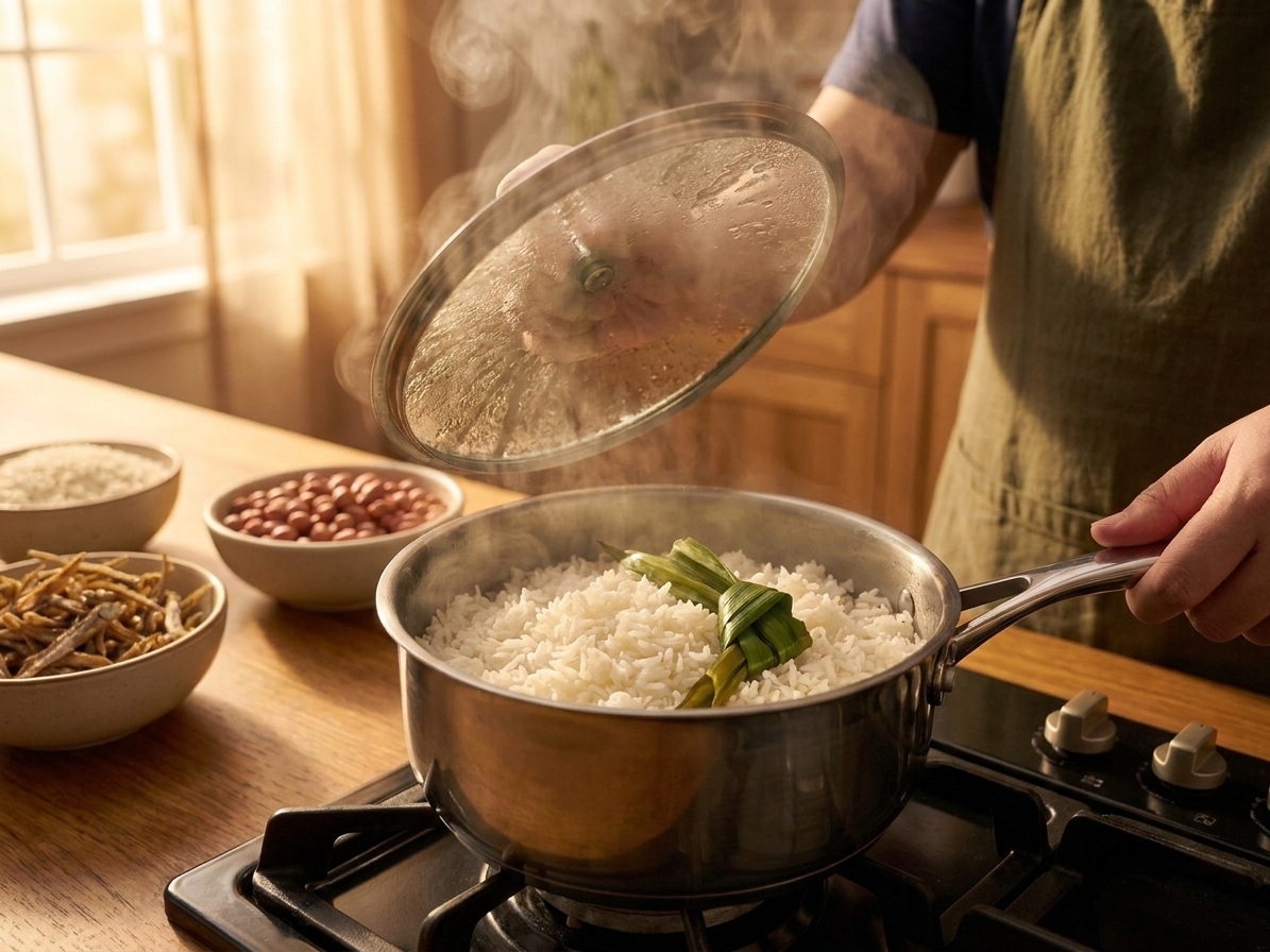 A saucepan on a stove with coconut rice steaming as a lid is lifted, showing fluffy grains and a knotted pandan leaf tucked into the rice
