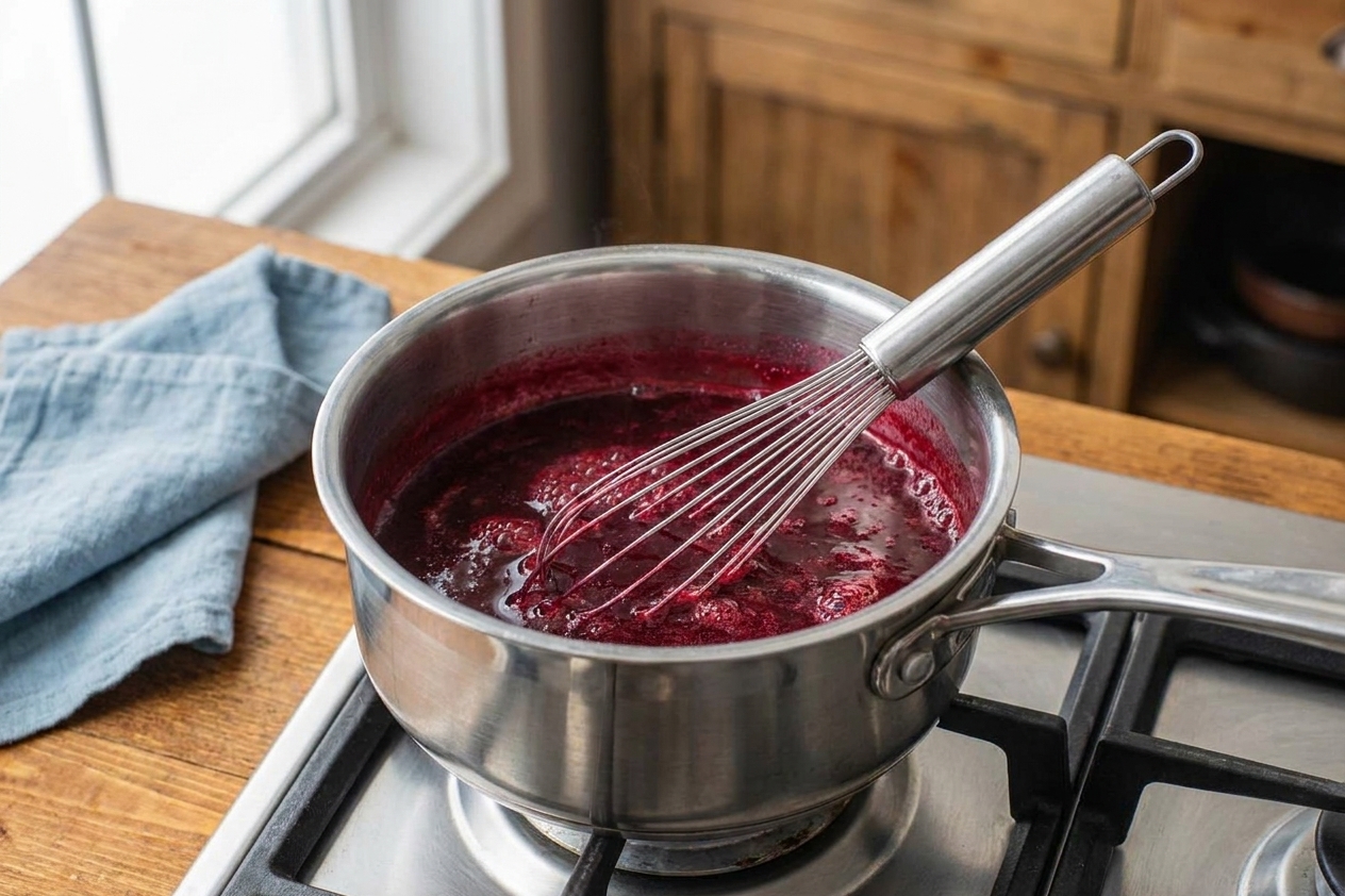 A saucepan on a stove with deep red beet sauce gently simmering while a whisk rests inside