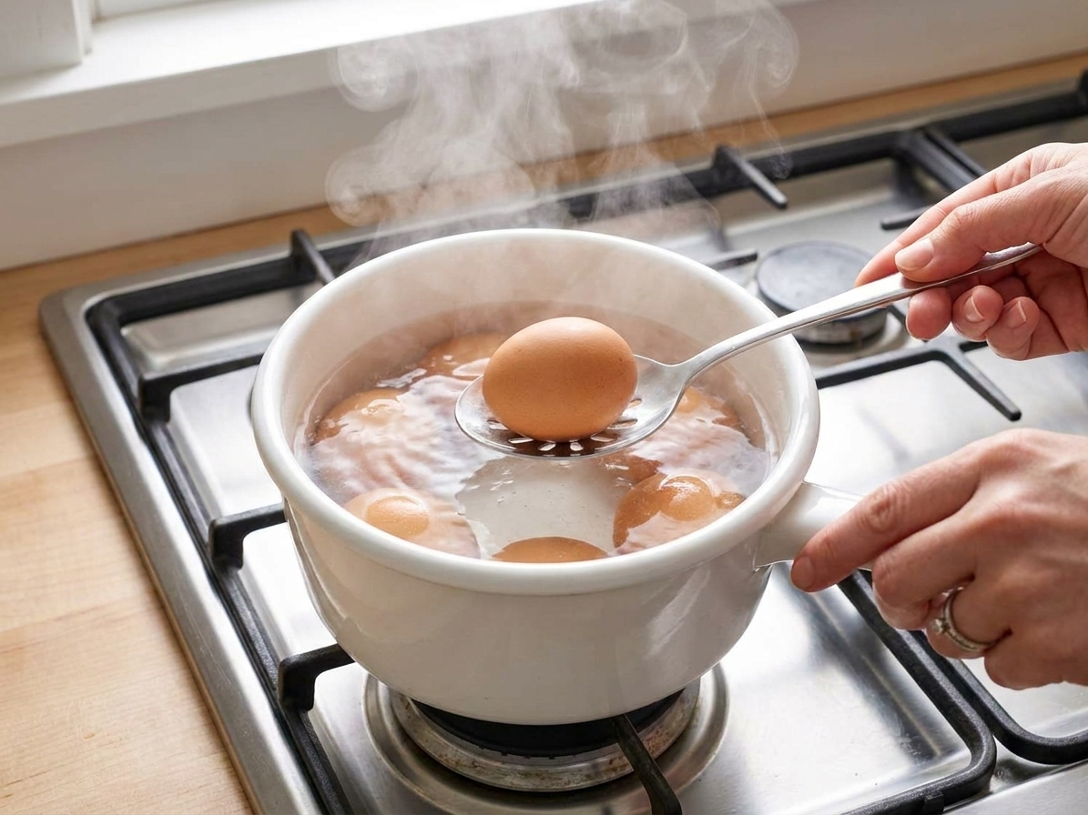 A saucepan on a stove with eggs just after boiling, steam rising in a home kitchen