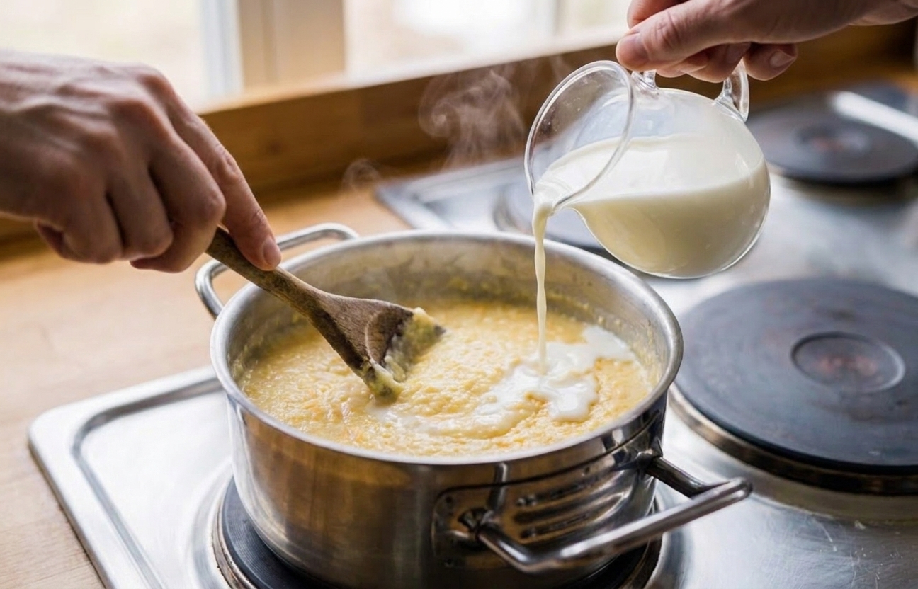 A saucepan on a stove with leftover grits being stirred while a small splash of milk is added to loosen the texture