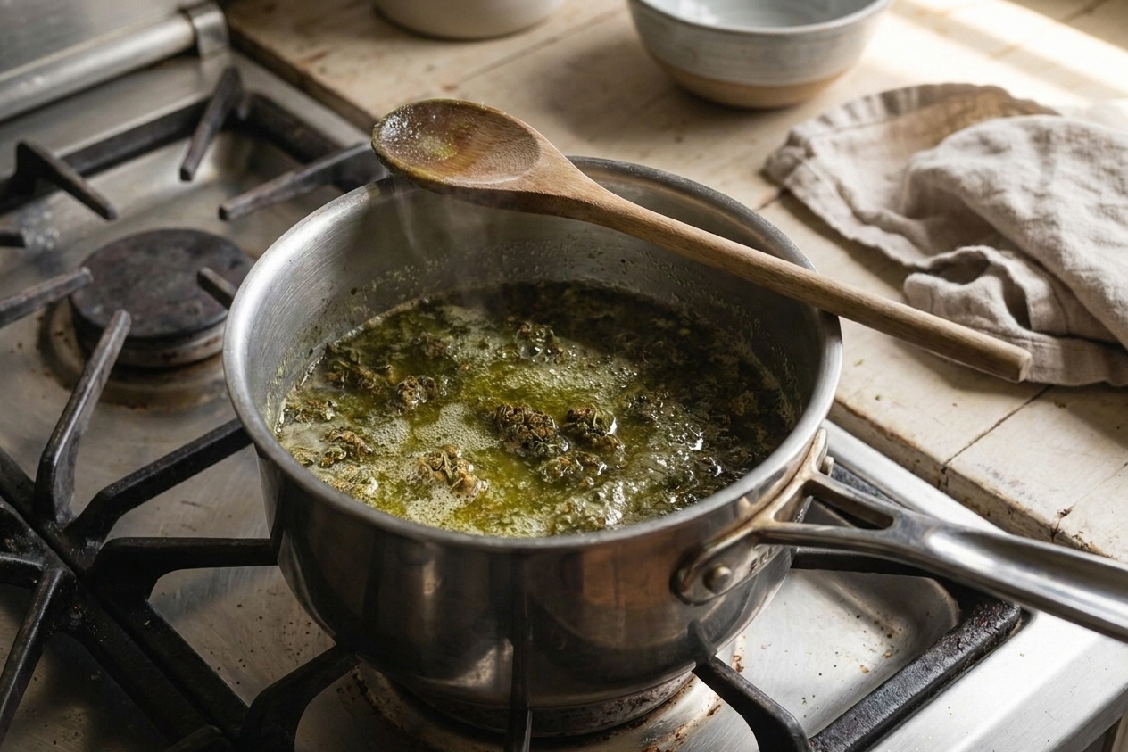A saucepan on a stove with melted butter and cannabis gently simmering, a wooden spoon resting on the rim in warm kitchen light
